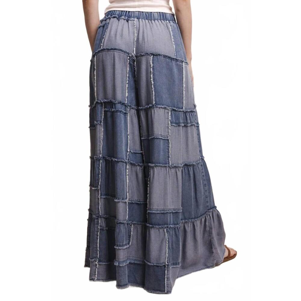 NEW BLUE VELVET wide leg patchwork chambray tiered pants in blue - Picture 3 of 6